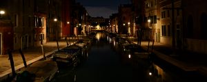 Preview wallpaper street, buildings, boats, canal, water, lights, night