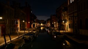 Preview wallpaper street, buildings, boats, canal, water, lights, night