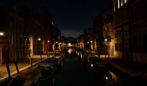 Preview wallpaper street, buildings, boats, canal, water, lights, night