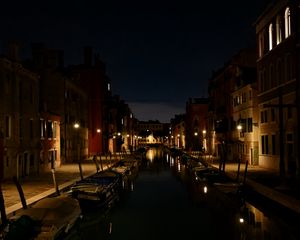 Preview wallpaper street, buildings, boats, canal, water, lights, night