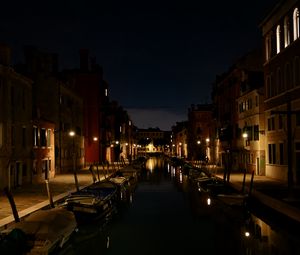 Preview wallpaper street, buildings, boats, canal, water, lights, night