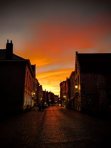 Preview wallpaper street, buildings, city, paving, lanterns, twilight