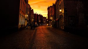 Preview wallpaper street, buildings, city, paving, lanterns, twilight