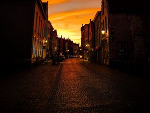 Preview wallpaper street, buildings, city, paving, lanterns, twilight