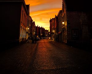 Preview wallpaper street, buildings, city, paving, lanterns, twilight