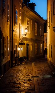 Preview wallpaper street, buildings, lantern, light, twilight