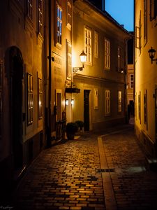 Preview wallpaper street, buildings, lantern, light, twilight