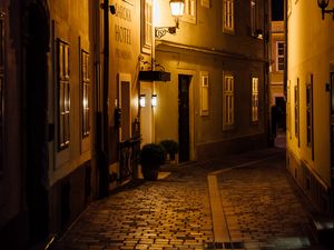 Preview wallpaper street, buildings, lantern, light, twilight