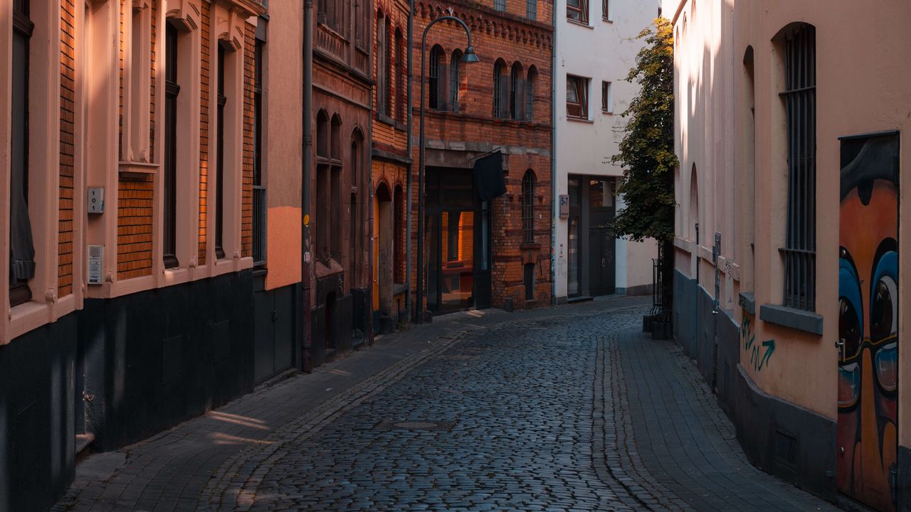 Wallpaper street, buildings, paving stones, architecture, flashlight