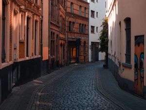 Preview wallpaper street, buildings, paving stones, architecture, flashlight