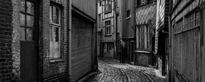 Preview wallpaper street, buildings, road, paving stones, black and white
