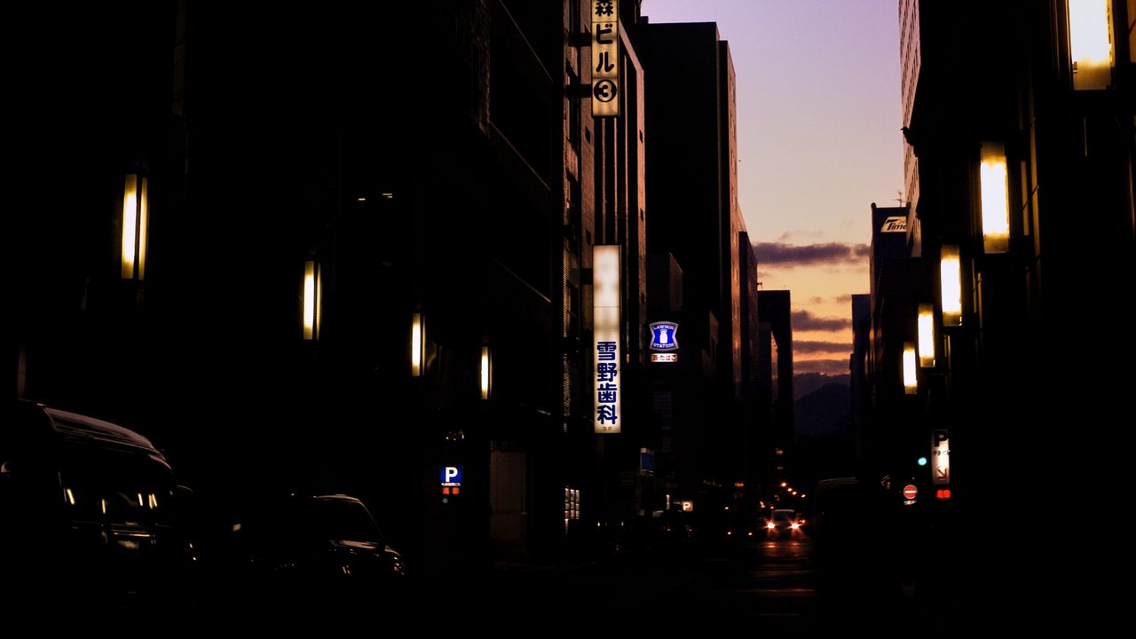 Wallpaper street, buildings, road, lights, dark