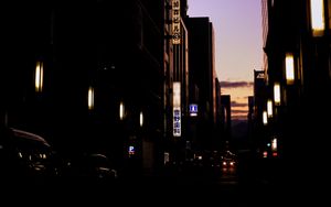 Preview wallpaper street, buildings, road, lights, dark