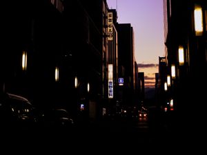 Preview wallpaper street, buildings, road, lights, dark