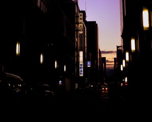 Preview wallpaper street, buildings, road, lights, dark