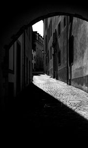 Preview wallpaper street, buildings, road, lantern, black and white, dark