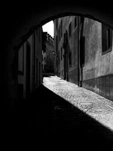 Preview wallpaper street, buildings, road, lantern, black and white, dark