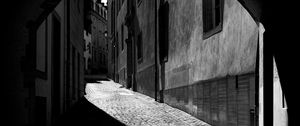 Preview wallpaper street, buildings, road, lantern, black and white, dark