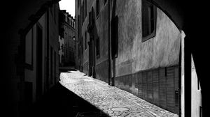 Preview wallpaper street, buildings, road, lantern, black and white, dark
