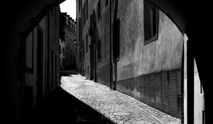 Preview wallpaper street, buildings, road, lantern, black and white, dark