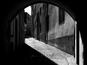 Preview wallpaper street, buildings, road, lantern, black and white, dark