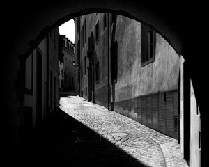 Preview wallpaper street, buildings, road, lantern, black and white, dark