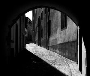 Preview wallpaper street, buildings, road, lantern, black and white, dark