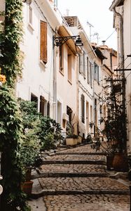 Preview wallpaper street, buildings, stairs, steps, lantern