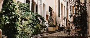 Preview wallpaper street, buildings, stairs, steps, lantern