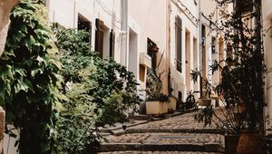 Preview wallpaper street, buildings, stairs, steps, lantern