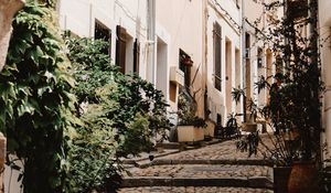 Preview wallpaper street, buildings, stairs, steps, lantern