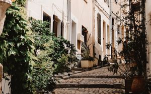 Preview wallpaper street, buildings, stairs, steps, lantern