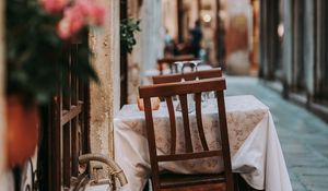 Preview wallpaper street, cafe, lantern, table, chairs