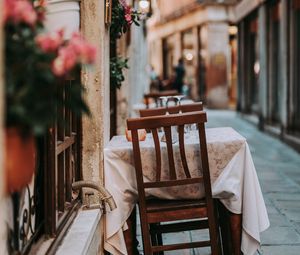 Preview wallpaper street, cafe, lantern, table, chairs