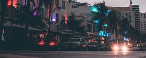 Preview wallpaper street, cars, buildings, palm trees, miami, usa