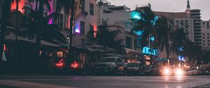 Preview wallpaper street, cars, buildings, palm trees, miami, usa