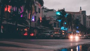 Preview wallpaper street, cars, buildings, palm trees, miami, usa