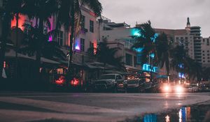 Preview wallpaper street, cars, buildings, palm trees, miami, usa