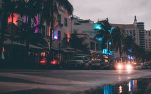Preview wallpaper street, cars, buildings, palm trees, miami, usa
