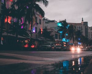 Preview wallpaper street, cars, buildings, palm trees, miami, usa