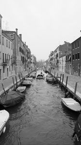 Preview wallpaper street, channel, boats, buildings, black and white