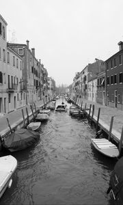 Preview wallpaper street, channel, boats, buildings, black and white