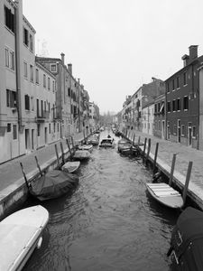 Preview wallpaper street, channel, boats, buildings, black and white