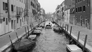 Preview wallpaper street, channel, boats, buildings, black and white