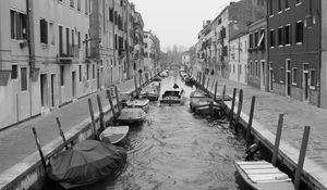 Preview wallpaper street, channel, boats, buildings, black and white