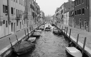 Preview wallpaper street, channel, boats, buildings, black and white