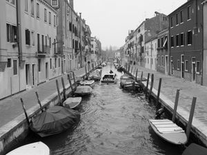 Preview wallpaper street, channel, boats, buildings, black and white