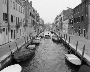 Preview wallpaper street, channel, boats, buildings, black and white