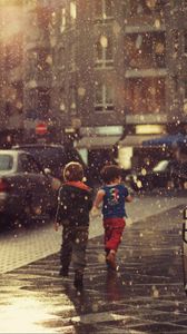 Preview wallpaper street, children, running, rain, city