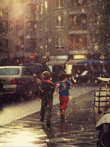 Preview wallpaper street, children, running, rain, city